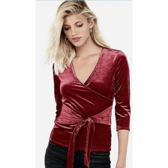 Express Wrap Blouse Womens XS Burgundy Red Velvet Ribbed Shirt tie top 0-2 NEW - Picture 3 of 14